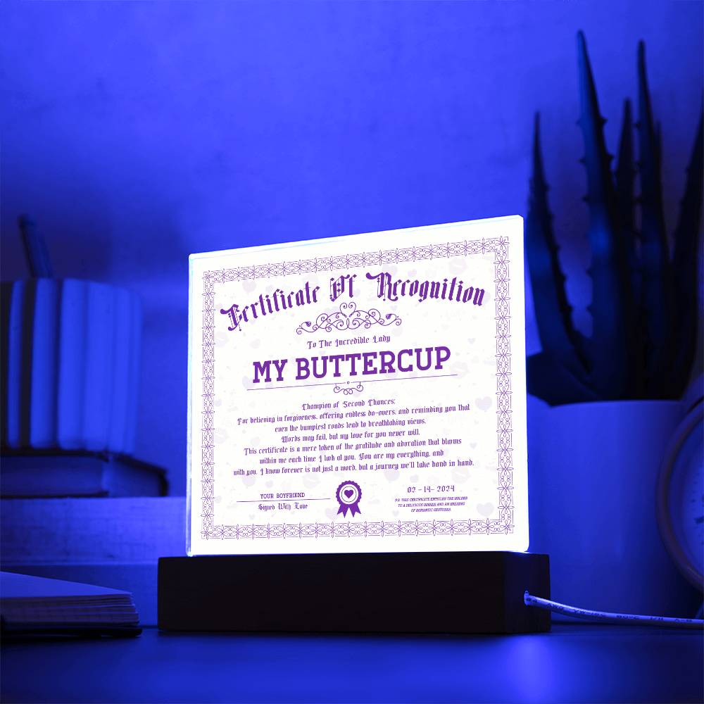 Certificate Of Recognition - My Buttercup Acrylic Square Plaque