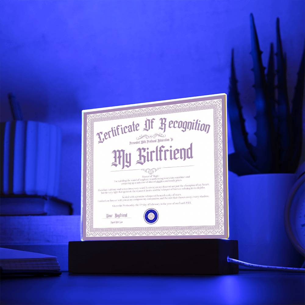 Certificate Of Recognition - Girlfriend S3 Acrylic Square Plaque