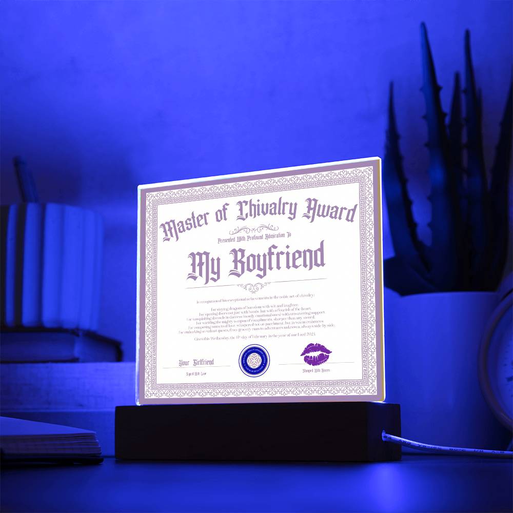 Master Of Chivalry Award Boyfriend Certificate Acrylic Square Plaque