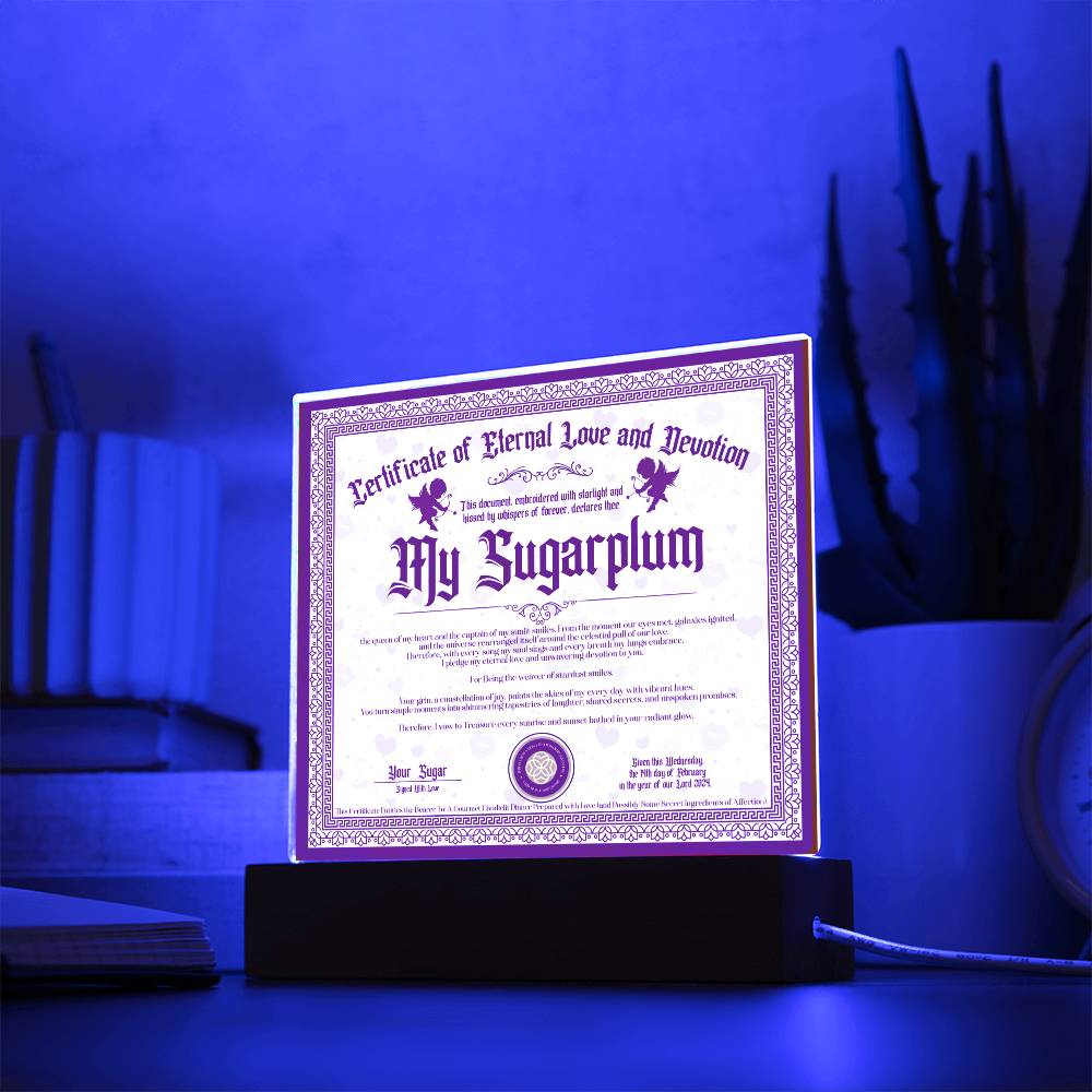 Certificate Of Eternal Love And Devotion - My Sugarplum GF Acrylic Square Plaque