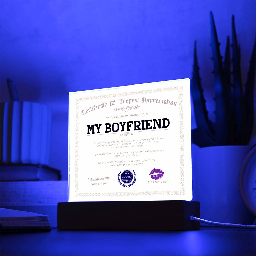 Appreciation Certificate For My Boyfriend Acrylic Square Plaque