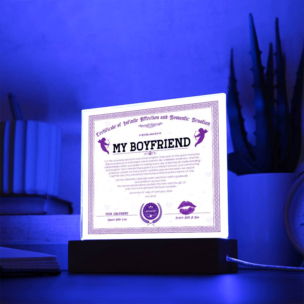 Certificate Of Infinite And Romantic Devotion Boyfriend Acrylic Square Plaque