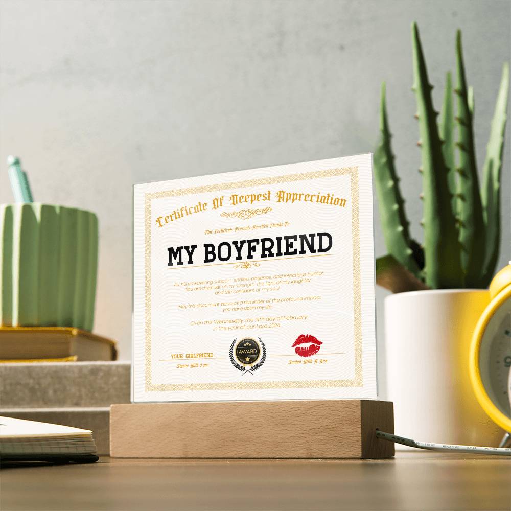 Appreciation Certificate For My Boyfriend Acrylic Square Plaque