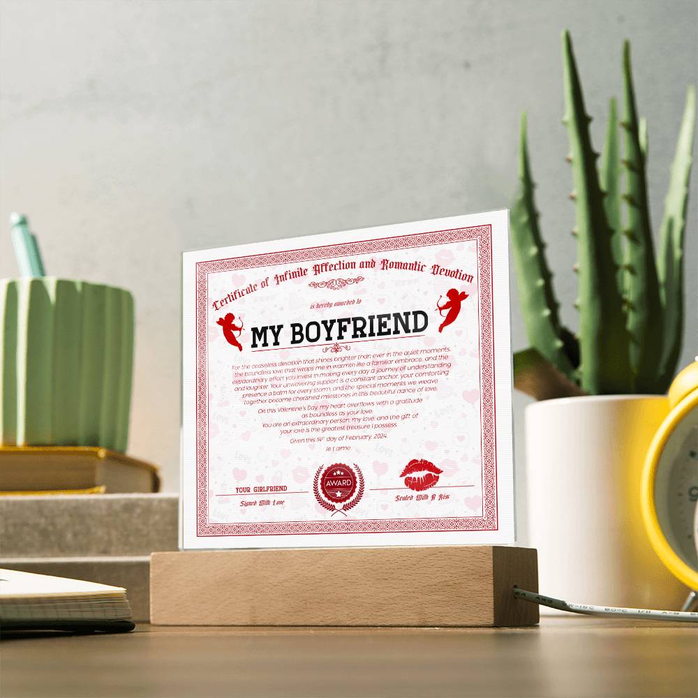 Certificate Of Infinite And Romantic Devotion Boyfriend Acrylic Square Plaque