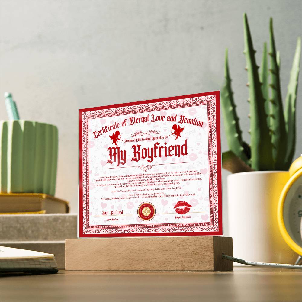 Certificate Of Eternal Love And Devotion Boyfriend Acrylic Square Plaque