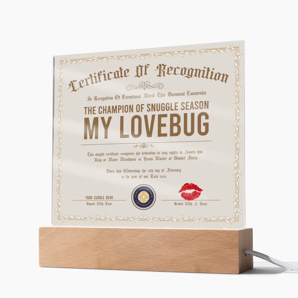 Certificate Of Recognition Lovebug Acrylic Square Plaque