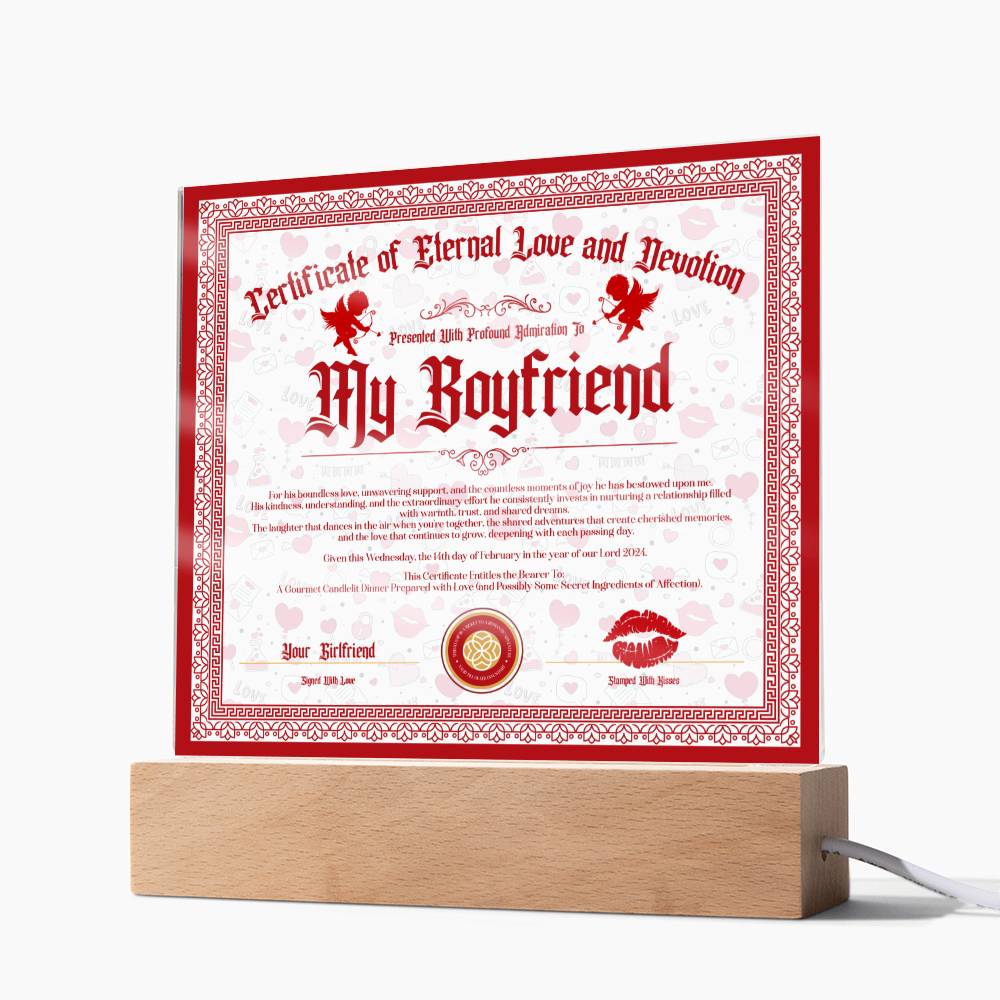 Certificate Of Eternal Love And Devotion Boyfriend Acrylic Square Plaque