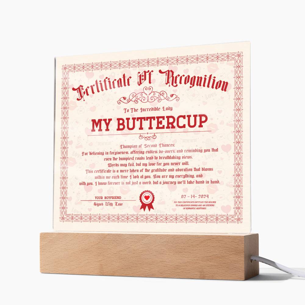 Certificate Of Recognition - My Buttercup Acrylic Square Plaque