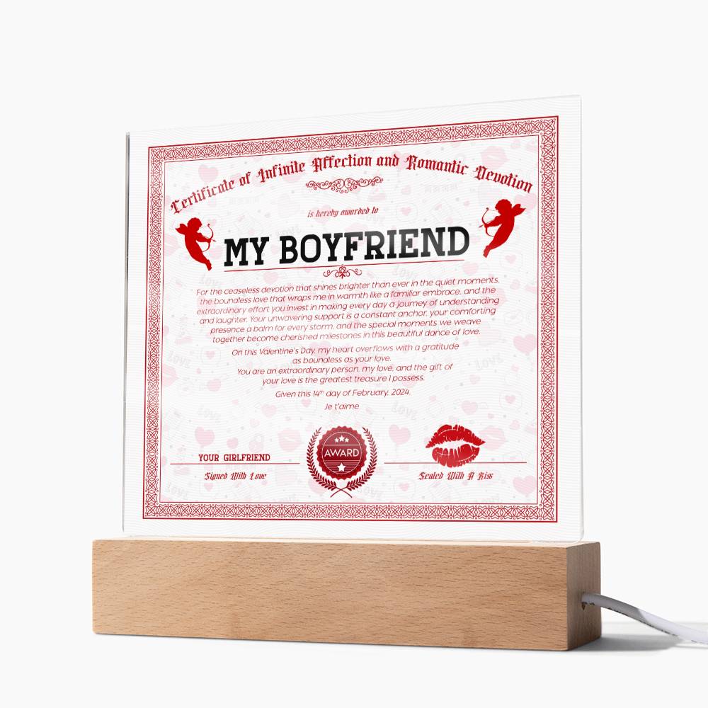Certificate Of Infinite And Romantic Devotion Boyfriend Acrylic Square Plaque