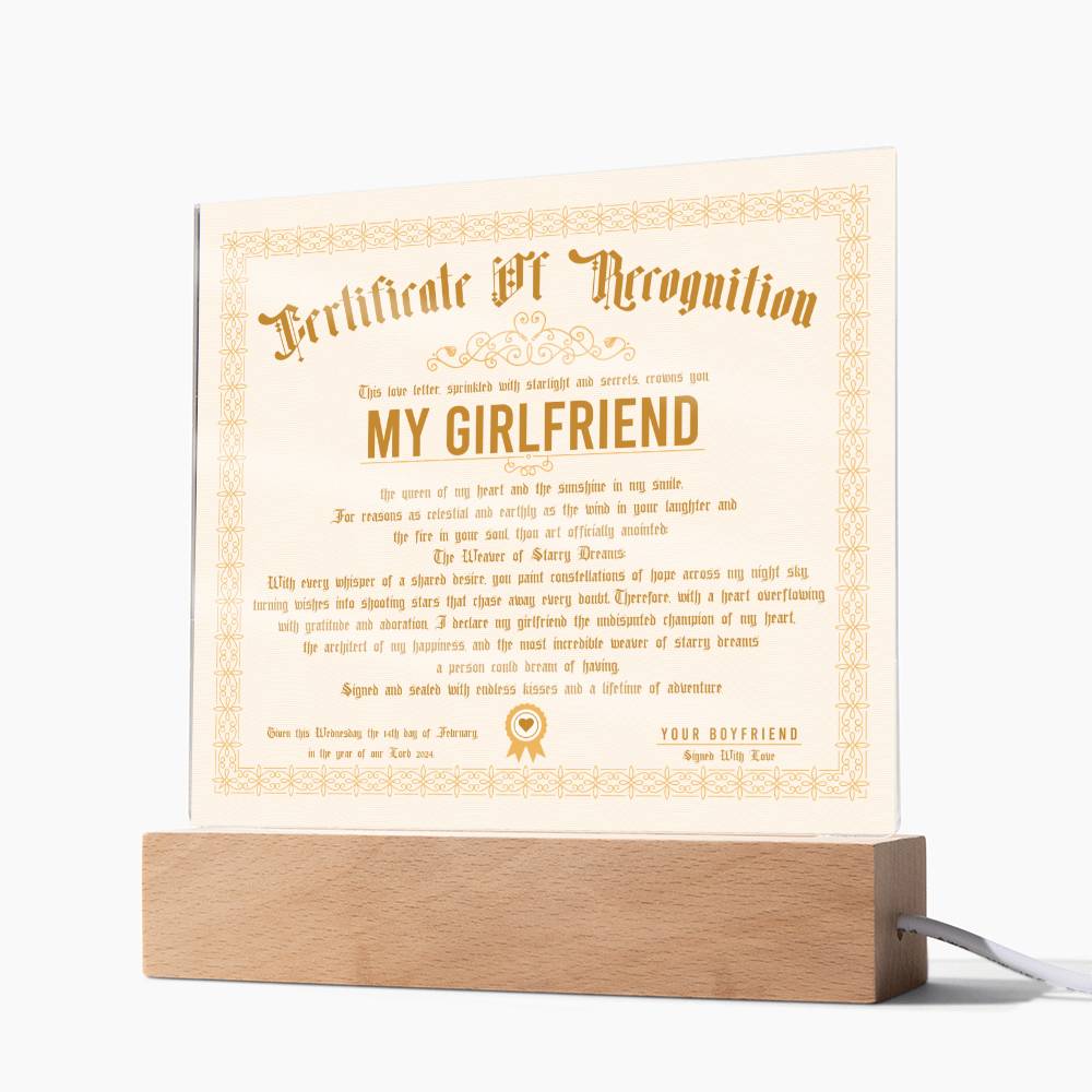Certificate Of Recognition - Girlfriend Acrylic Square Plaque