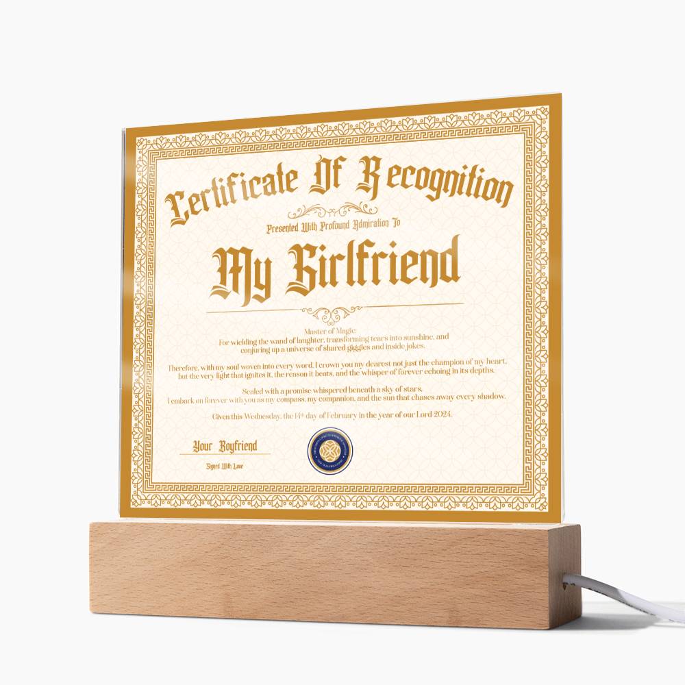 Certificate Of Recognition - Girlfriend S3 Acrylic Square Plaque