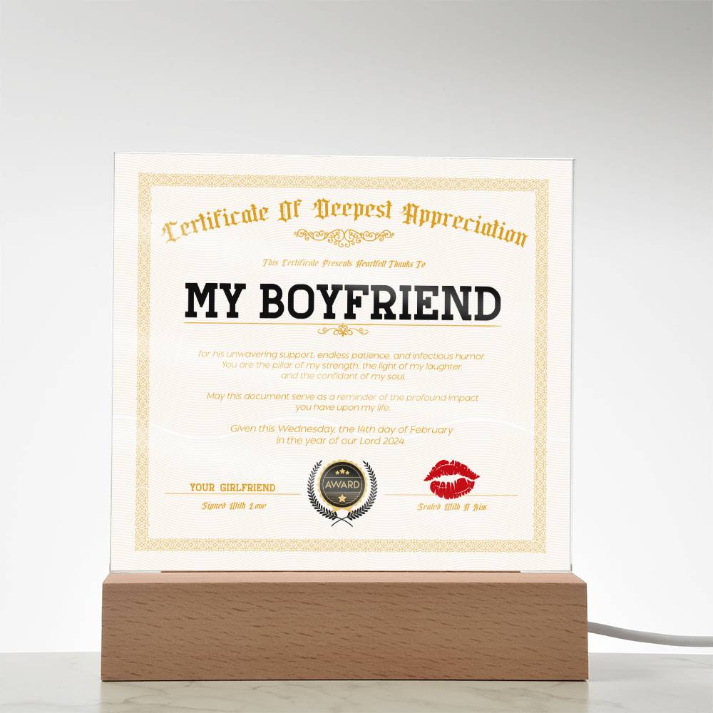 Appreciation Certificate For My Boyfriend Acrylic Square Plaque