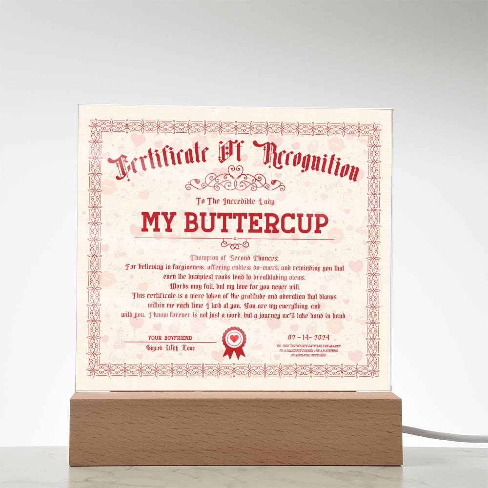 Certificate Of Recognition - My Buttercup Acrylic Square Plaque