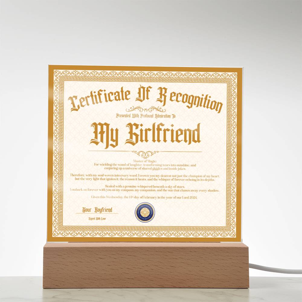 Certificate Of Recognition - Girlfriend S3 Acrylic Square Plaque