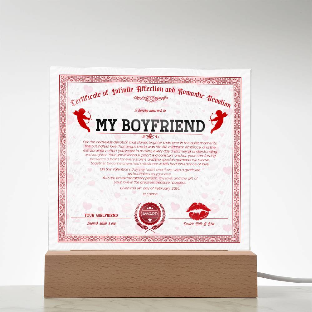 Certificate Of Infinite And Romantic Devotion Boyfriend Acrylic Square Plaque