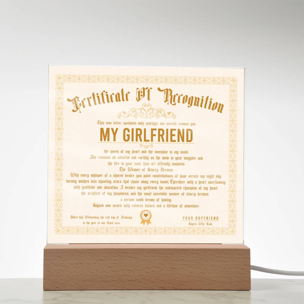 Certificate Of Recognition - Girlfriend Acrylic Square Plaque