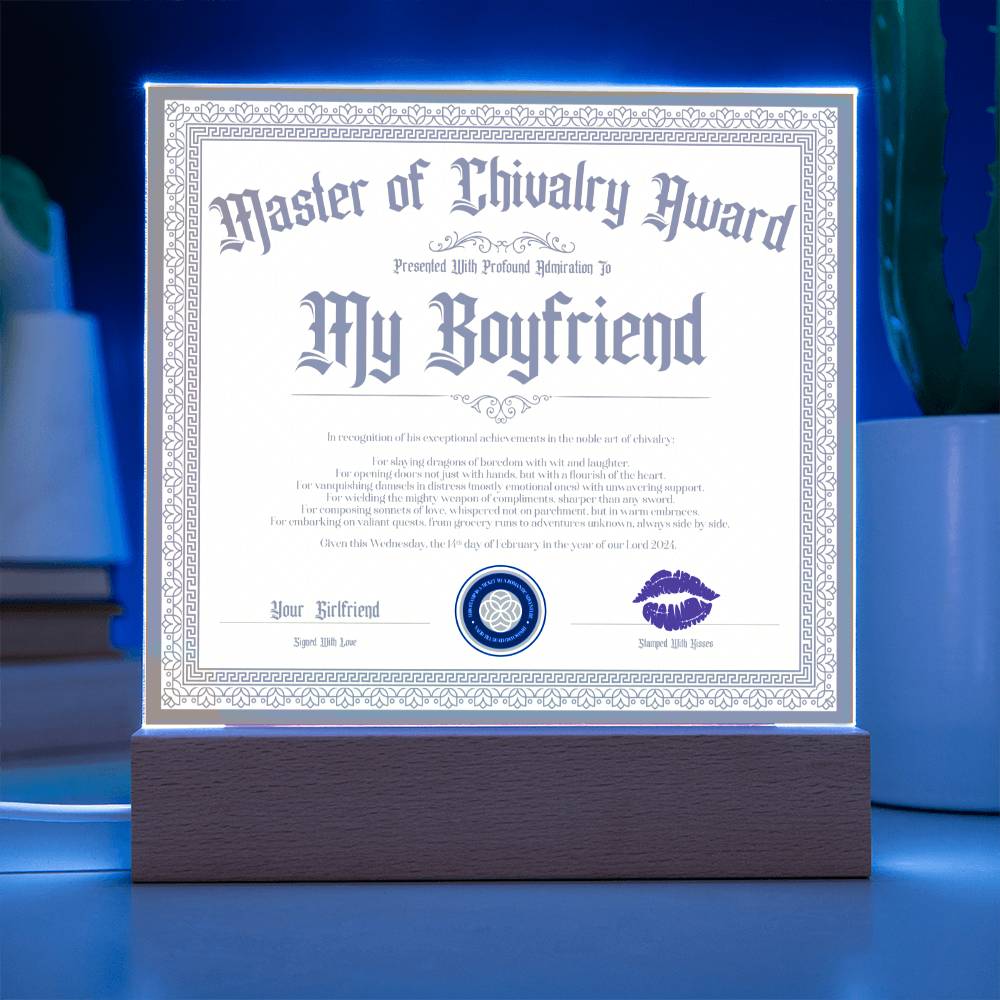 Master Of Chivalry Award Boyfriend Certificate Acrylic Square Plaque