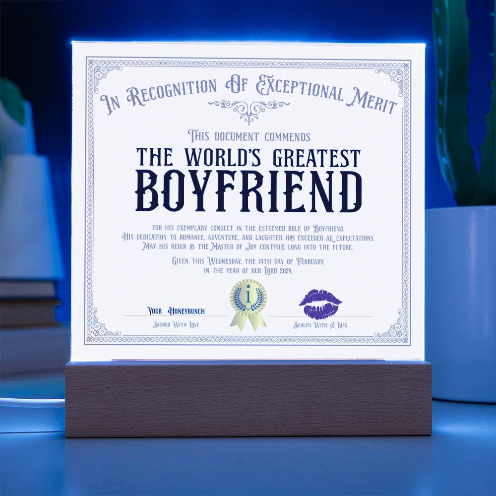 World's Greatest Boyfriend Certificate Acrylic Square Plaque