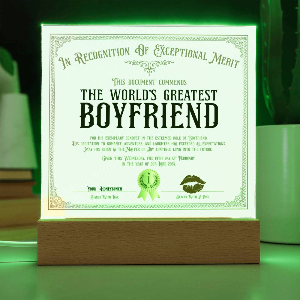 World's Greatest Boyfriend Certificate Acrylic Square Plaque