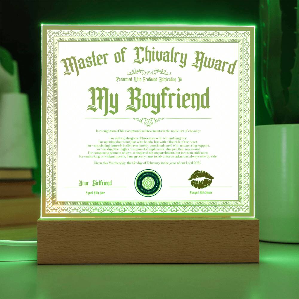 Master Of Chivalry Award Boyfriend Certificate Acrylic Square Plaque