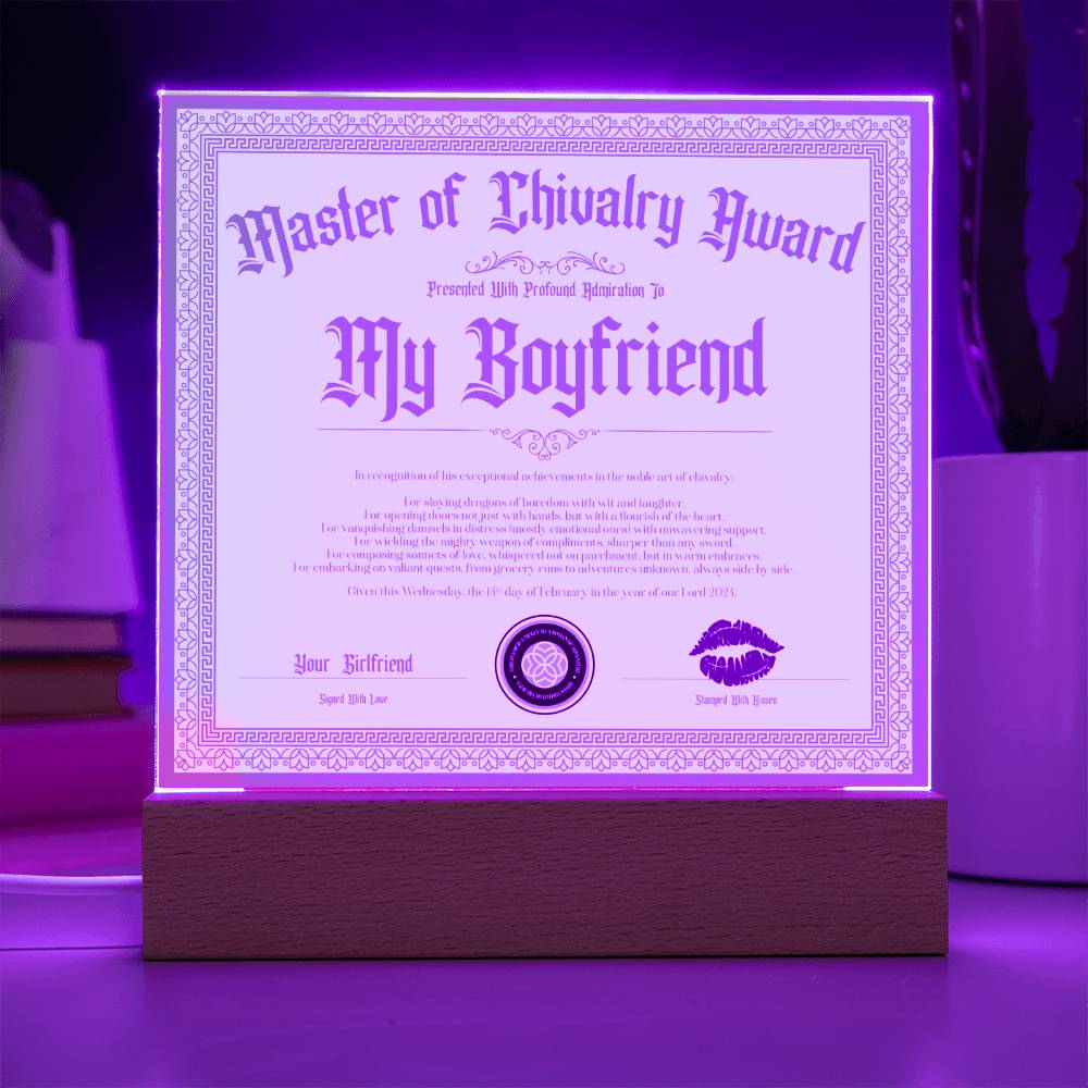Master Of Chivalry Award Boyfriend Certificate Acrylic Square Plaque