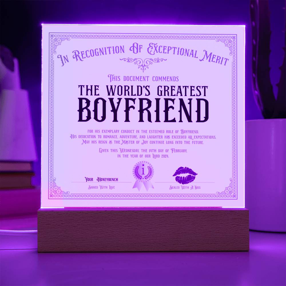 World's Greatest Boyfriend Certificate Acrylic Square Plaque