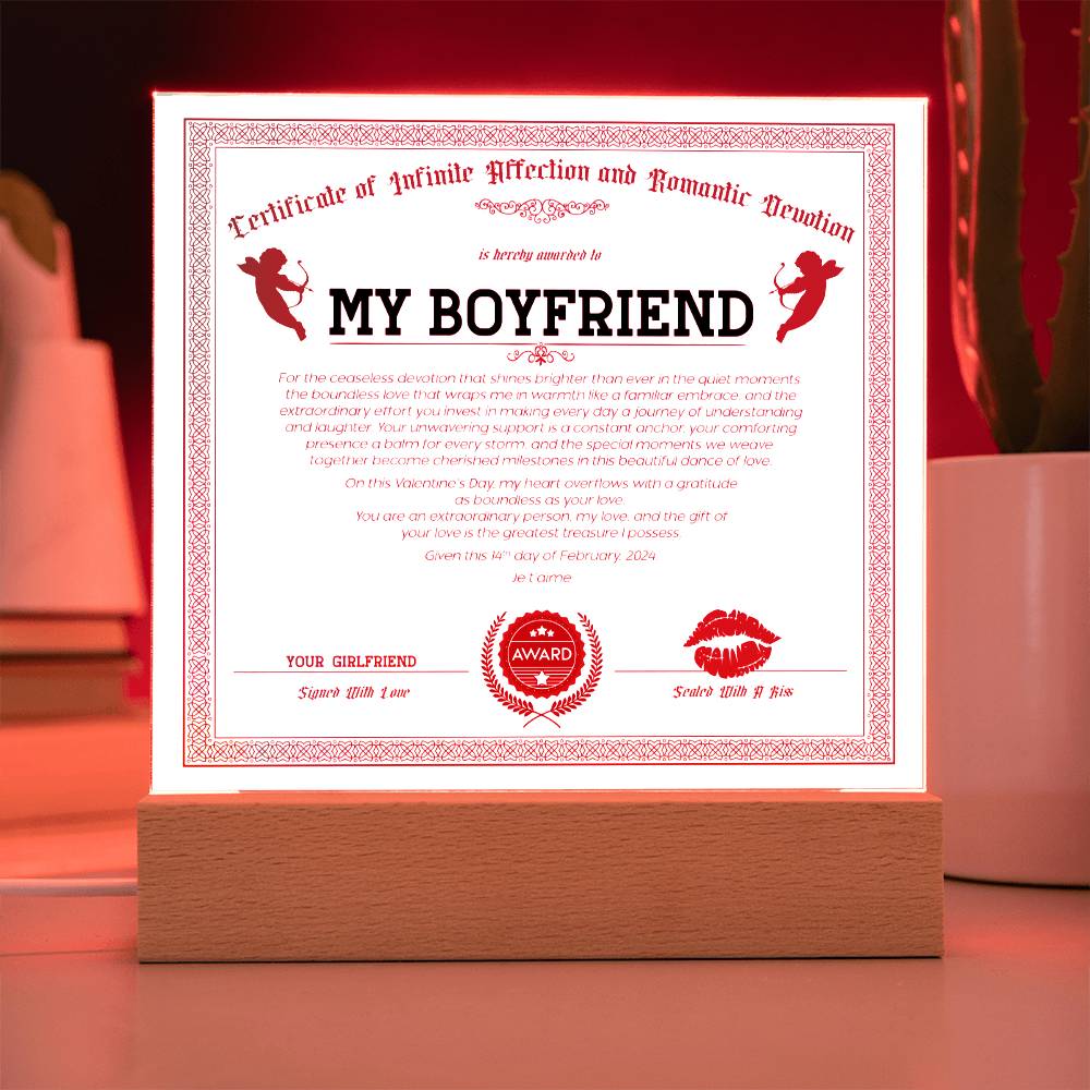 Certificate Of Infinite And Romantic Devotion Boyfriend Acrylic Square Plaque