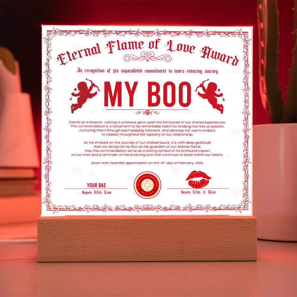 Eternal Flame Of Love Award To My Boo Acrylic Square Plaque