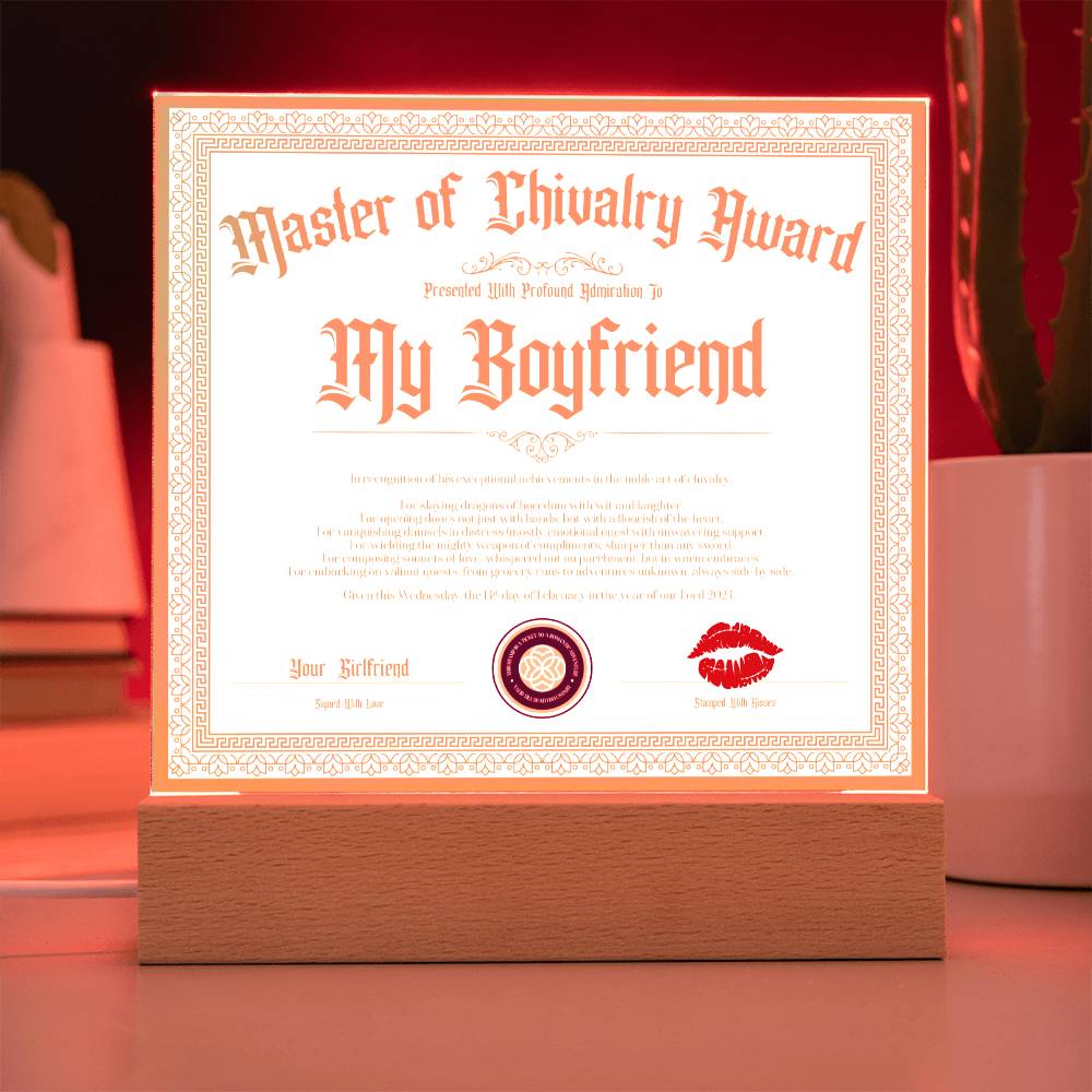 Master Of Chivalry Award Boyfriend Certificate Acrylic Square Plaque