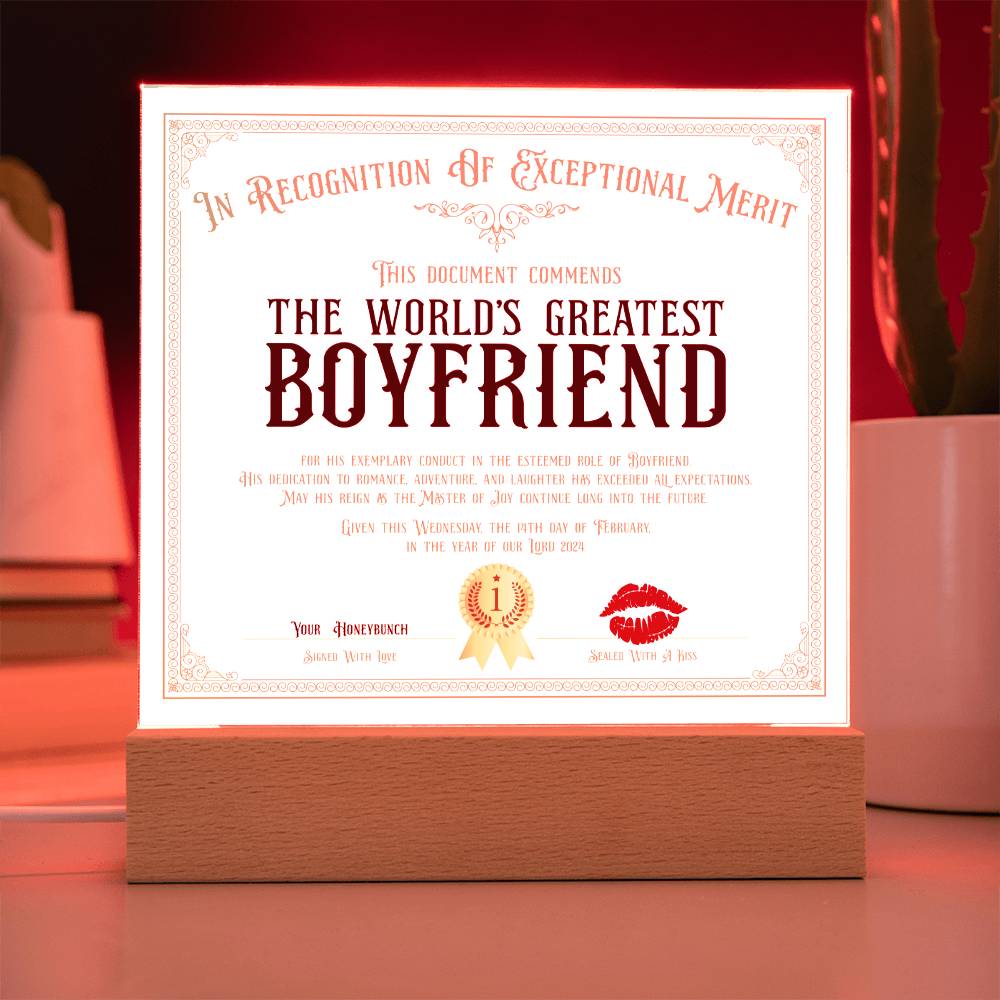 World's Greatest Boyfriend Certificate Acrylic Square Plaque