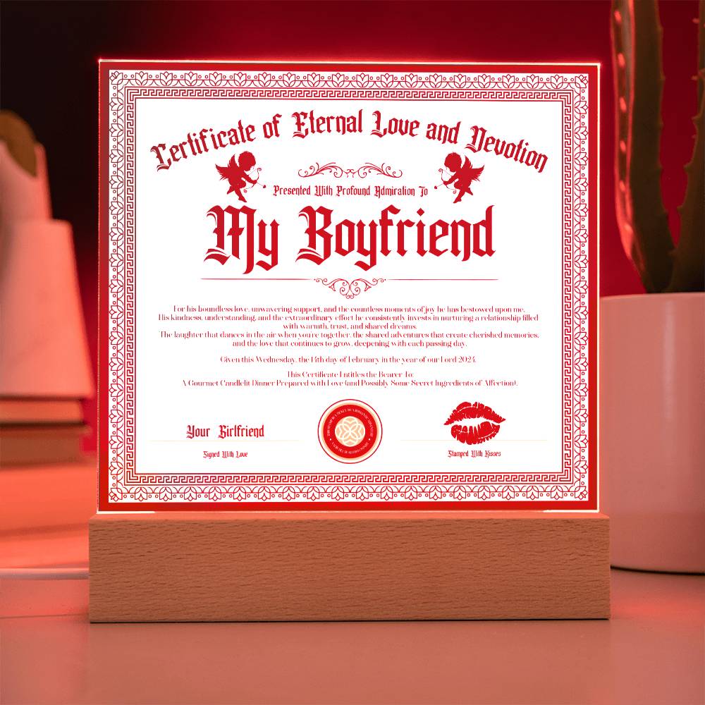 Certificate Of Eternal Love And Devotion Boyfriend Acrylic Square Plaque