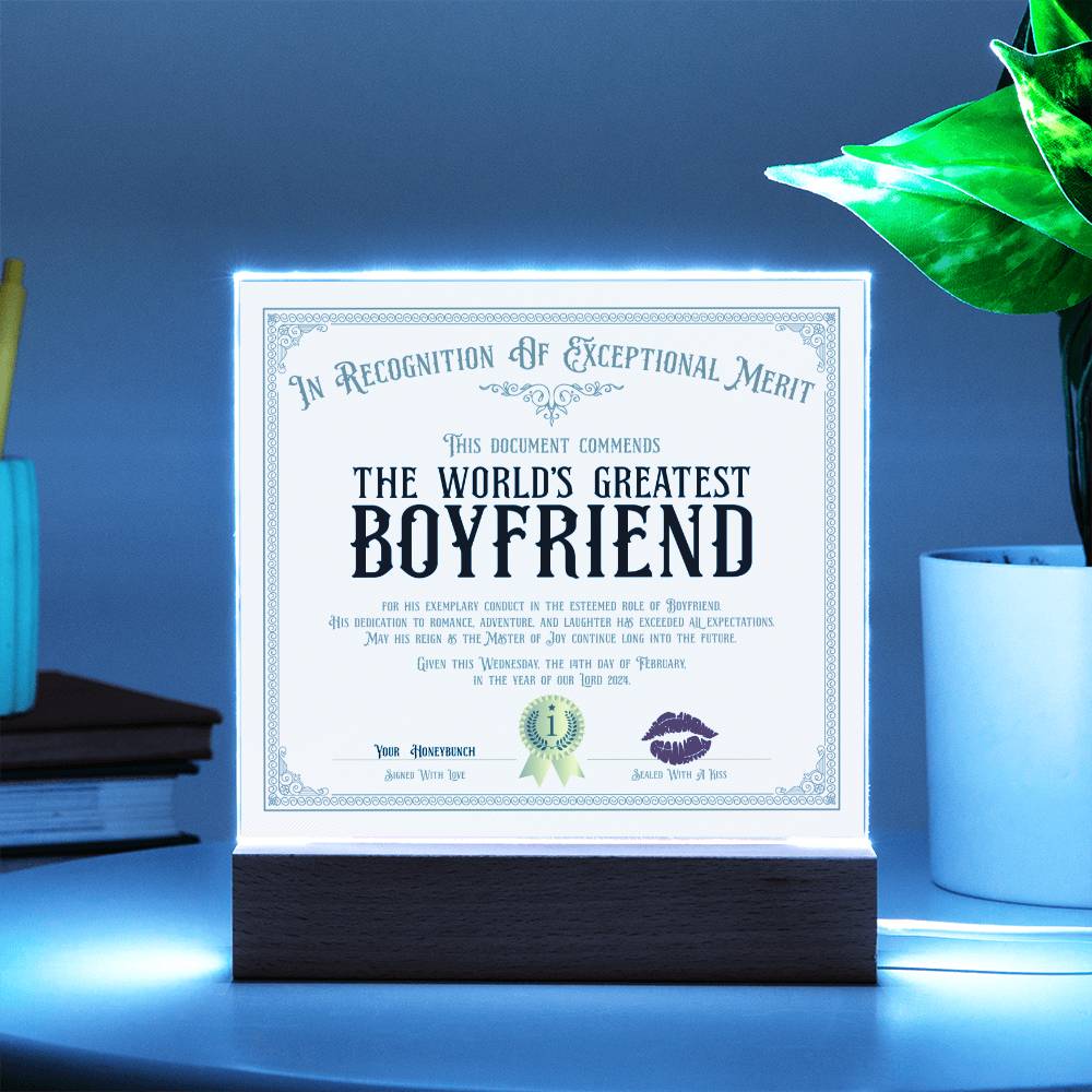 World's Greatest Boyfriend Certificate Acrylic Square Plaque