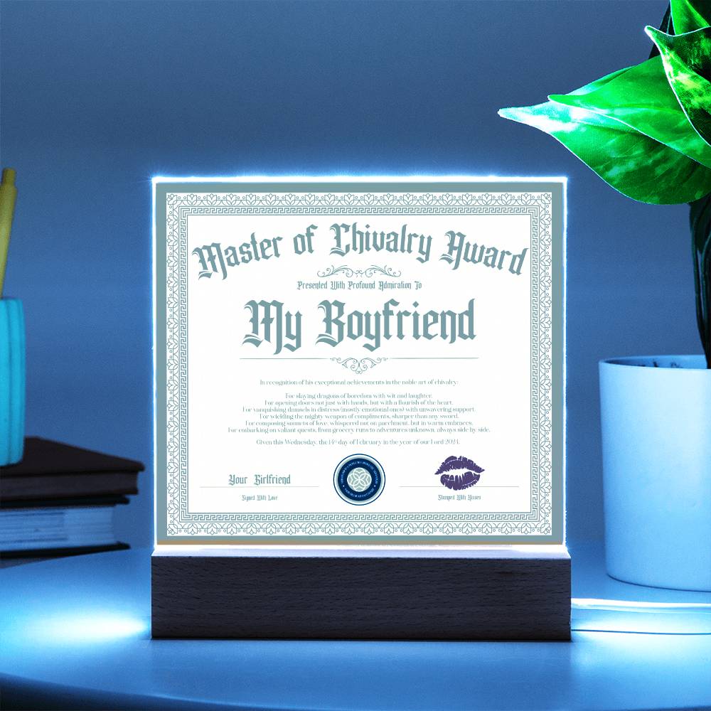 Master Of Chivalry Award Boyfriend Certificate Acrylic Square Plaque
