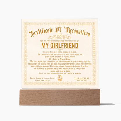 Certificate Of Recognition - Girlfriend Acrylic Square Plaque