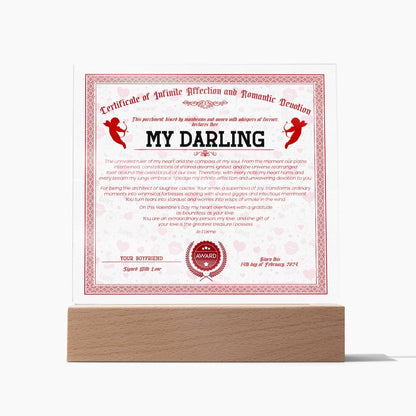 Certificate Of Infinite Affection and Romantic Devotion - My Darling Acrylic Square Plaque