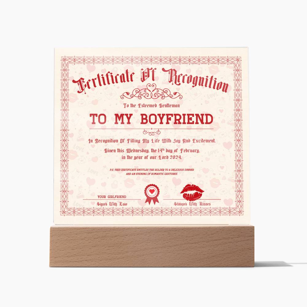 Certificate Of Recognition Boyfriend Acrylic Square Plaque