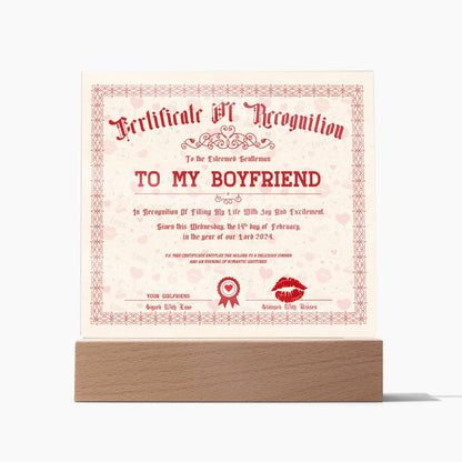Certificate Of Recognition Boyfriend Acrylic Square Plaque