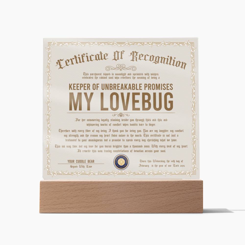 Certificate Of Recognition - My Lovebug Acrylic Square Plaque