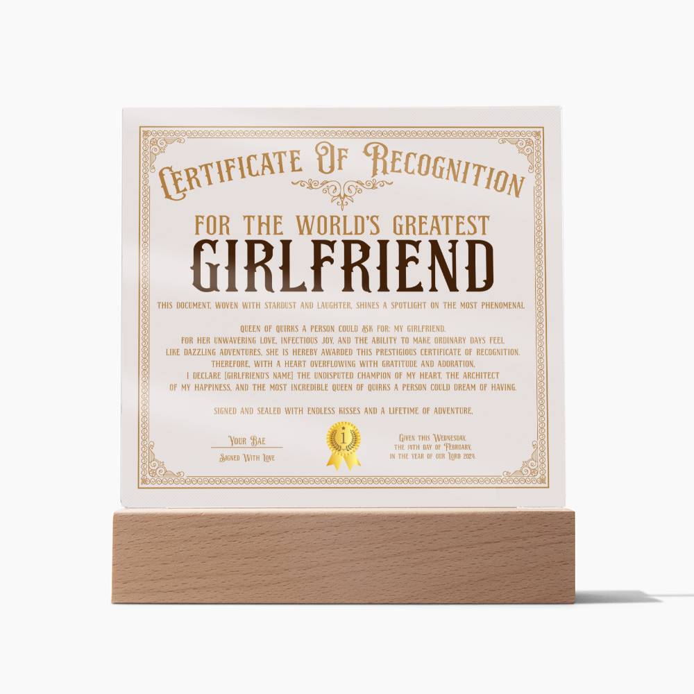 Certificate Of Recognition - World's Best Girlfriend Acrylic Square Plaque