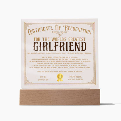 Certificate Of Recognition - World's Best Girlfriend Acrylic Square Plaque