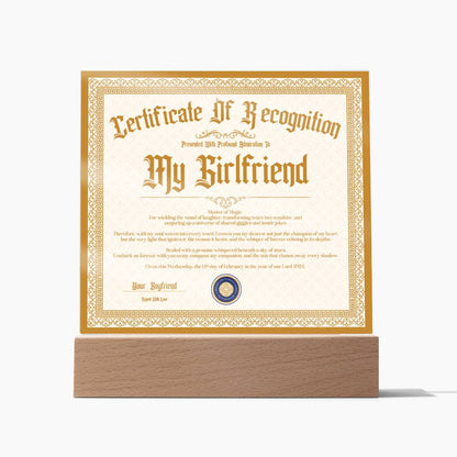 Certificate Of Recognition - Girlfriend S3 Acrylic Square Plaque