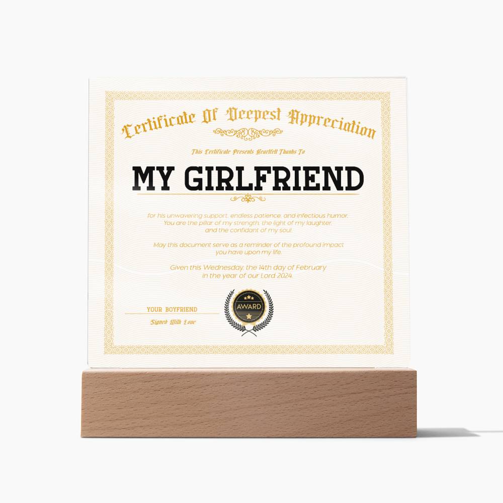 Certificate Of Deepest Appreciation - Girlfriend Acrylic Square Plaque