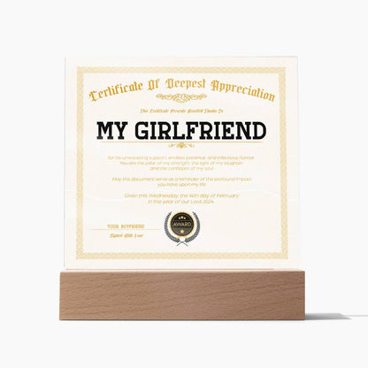 Certificate Of Deepest Appreciation - Girlfriend Acrylic Square Plaque