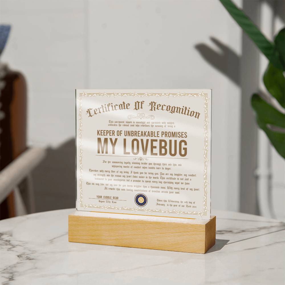 Certificate Of Recognition - My Lovebug Acrylic Square Plaque