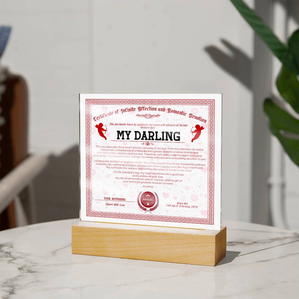 Certificate Of Infinite Affection and Romantic Devotion - My Darling Acrylic Square Plaque