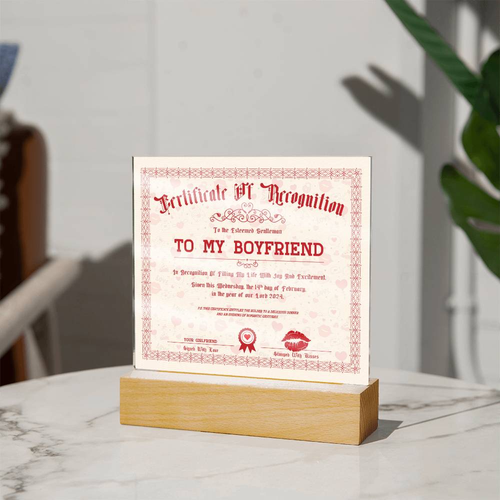 Certificate Of Recognition Boyfriend Acrylic Square Plaque