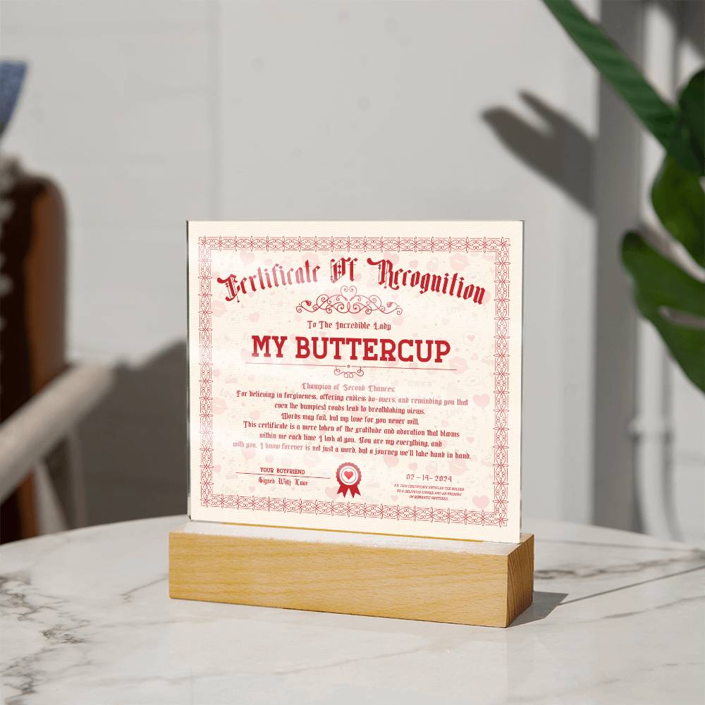 Certificate Of Recognition - My Buttercup Acrylic Square Plaque