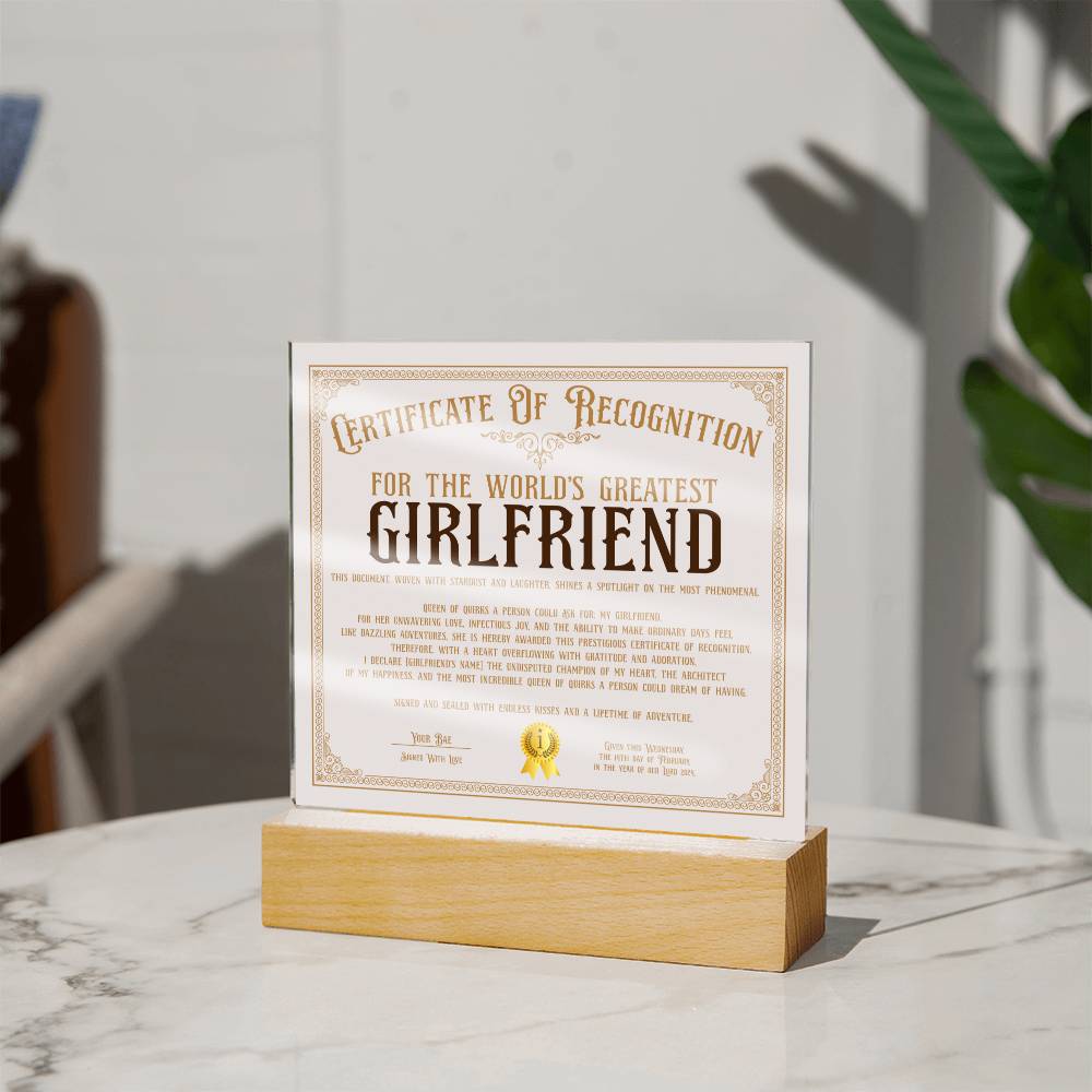 Certificate Of Recognition - World's Best Girlfriend Acrylic Square Plaque
