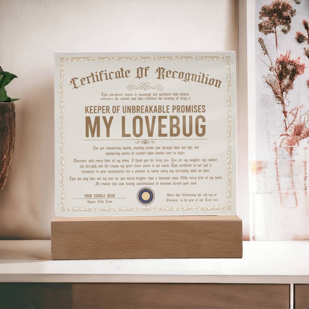 Certificate Of Recognition - My Lovebug Acrylic Square Plaque