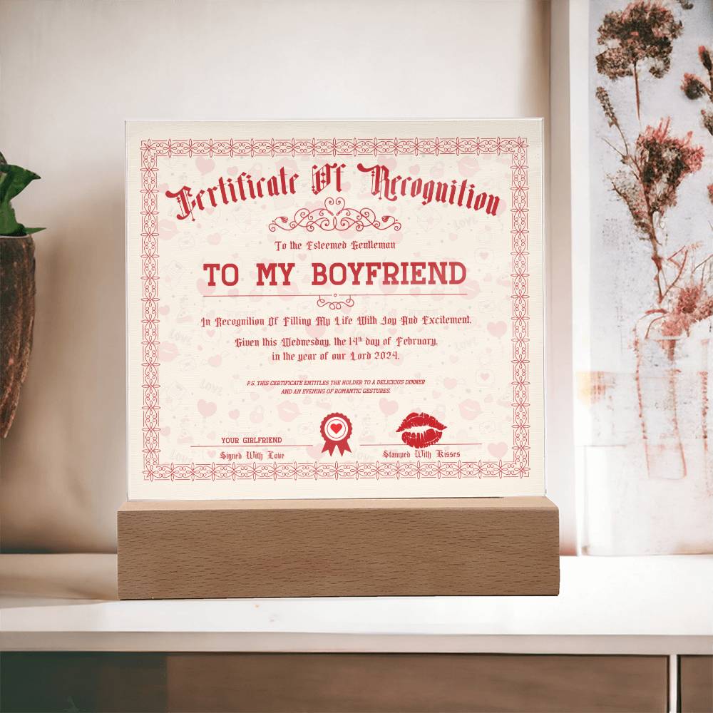 Certificate Of Recognition Boyfriend Acrylic Square Plaque